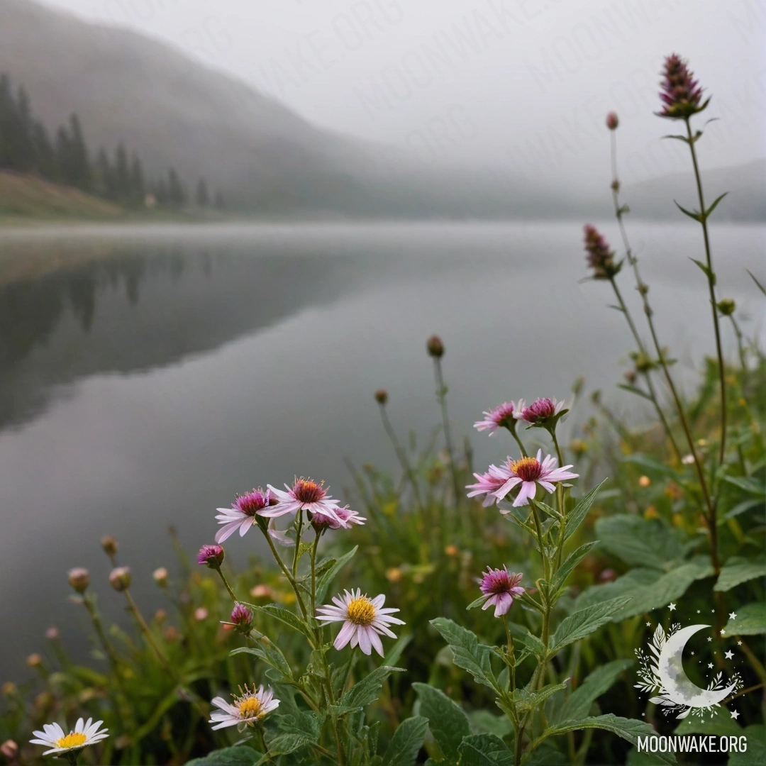 Cozy Field Flowers by Misty Mountain Lake Close-up of field flowers with a bokeh background of a misty mountain lake.