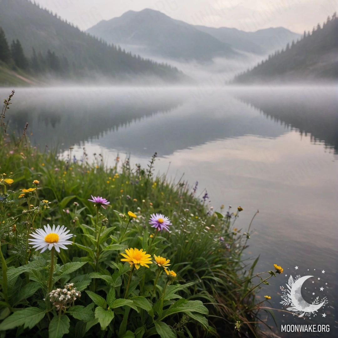Close-up of colorful field flowers in a foggy setting near a lake.