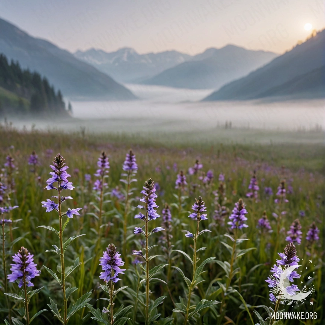 Close-up of colorful field flowers in a misty landscape with mountains blurred in the background.