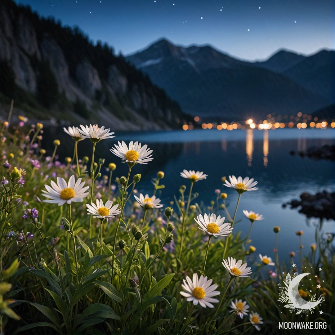 Cozy Nighttime Flowers by Mountain Lake Close-up of flowers in a cozy field with a blurred mountain lake backdrop at night.