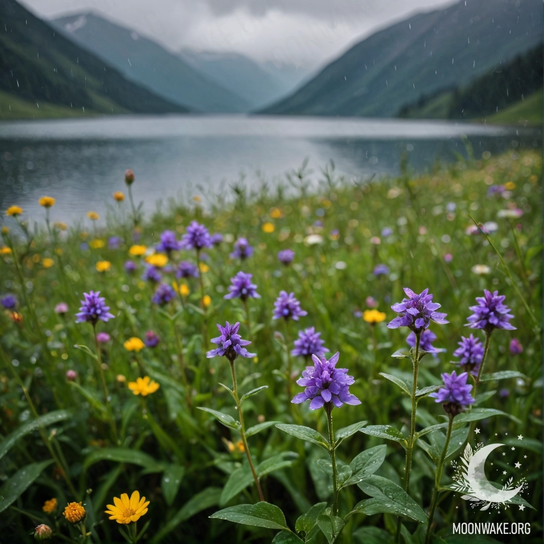 Cozy Field Flowers and Mountain Lake Under Rain Close-up of cozy field flowers with a blurred background of a mountain lake under rain.
