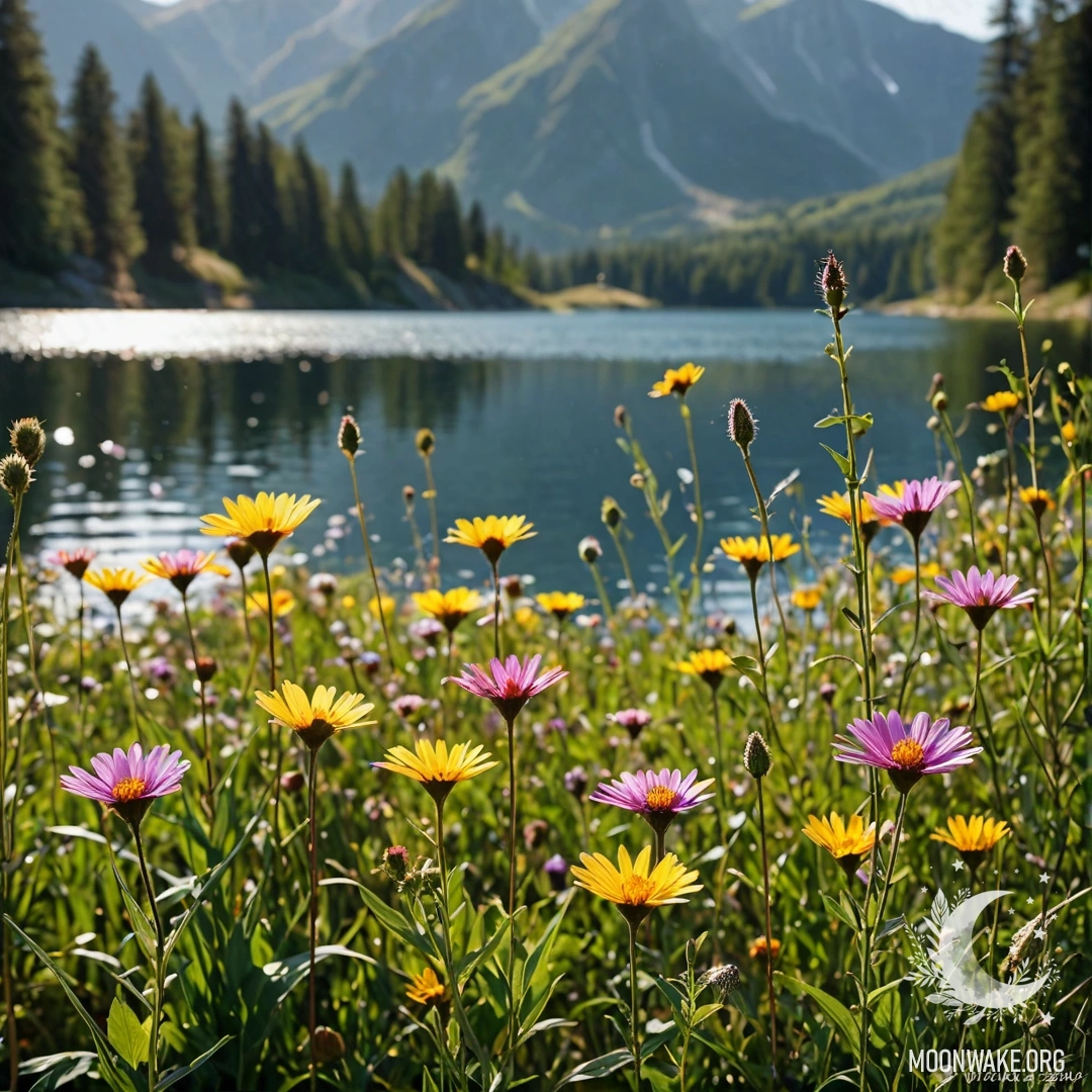 A close-up of cozy field flowers in front of a bokeh mountain lake on a sunny day.