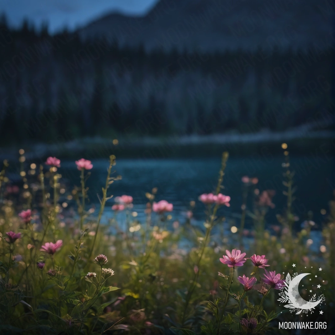 Close-up of flowers in a field with a bokeh Mountain Lake in the background at night.