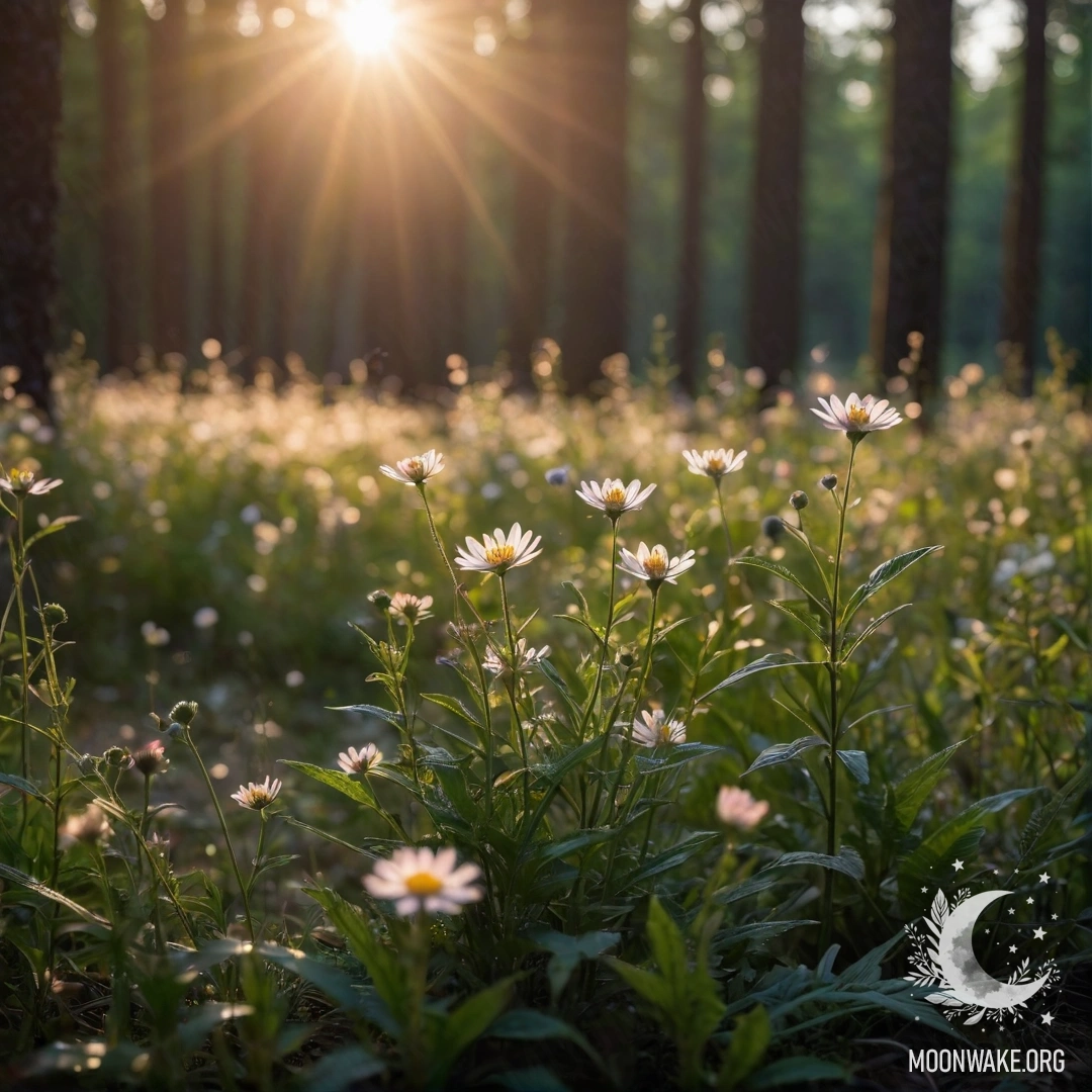 Close-up of field flowers against a blurred forest backdrop with sun rays shining through the trees.