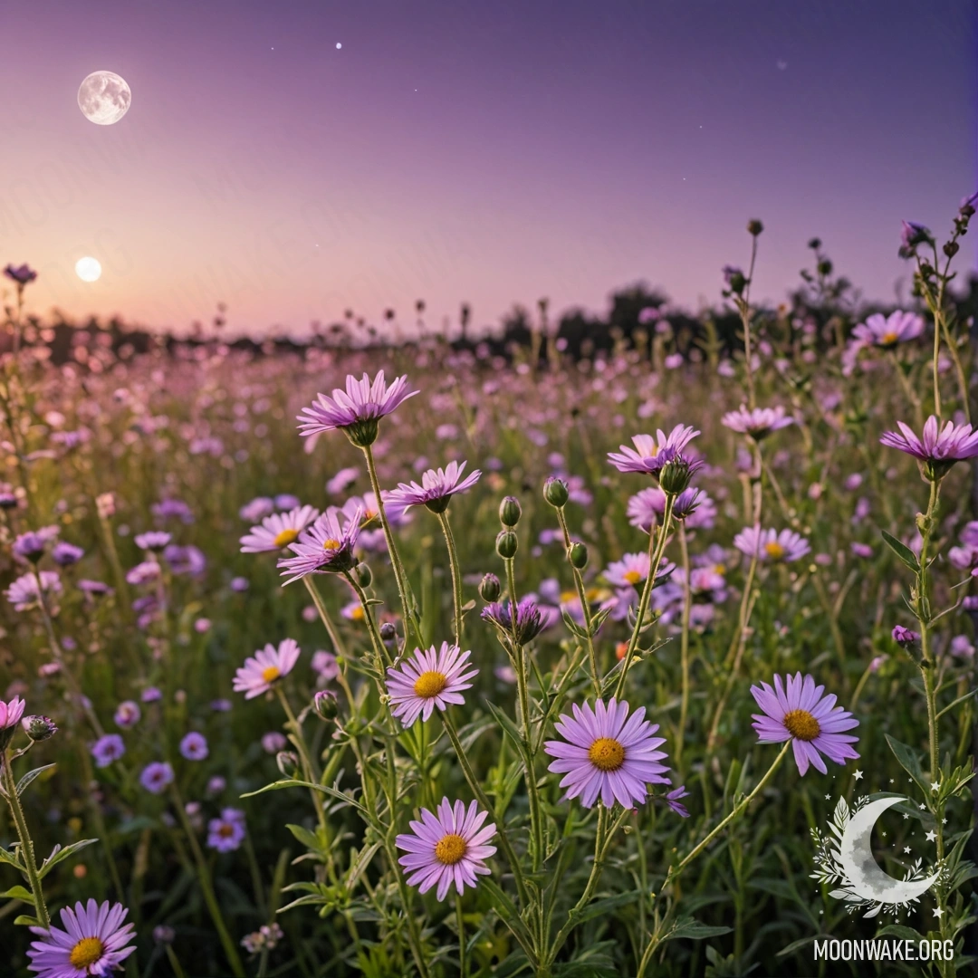 A close-up of cozy field flowers with a pink violet sky and a moon in sunny weather.