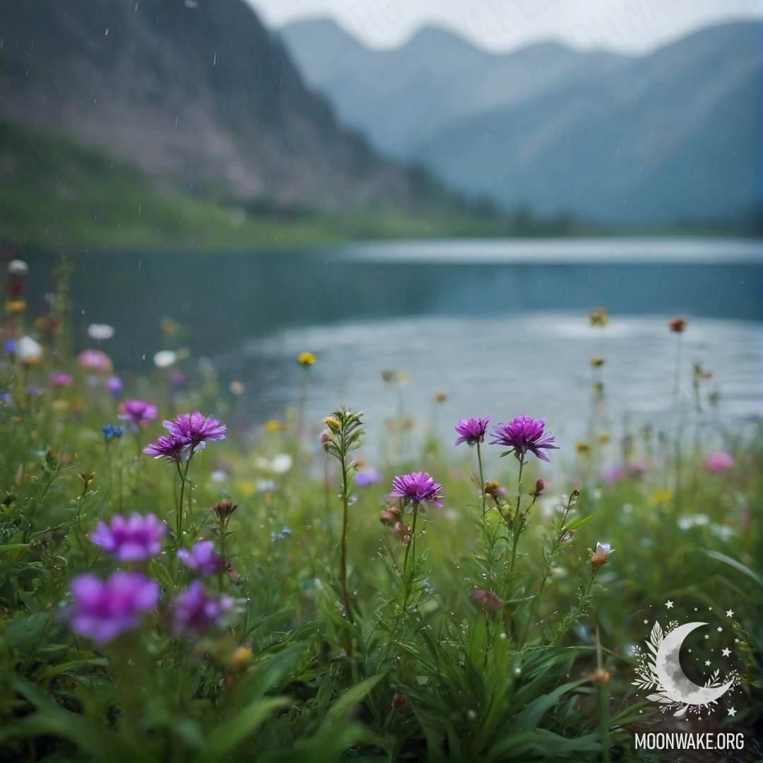 Cozy Field Flowers in Rainy Serenity A close-up of cozy field flowers in the rain, with a blurred mountain lake in the background.