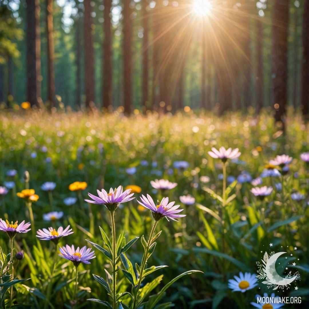Cozy Field Flowers with Sun Rays Close-up of cozy field flowers against a blurred forest background with sunlight filtering through and creating a warm atmosphere.