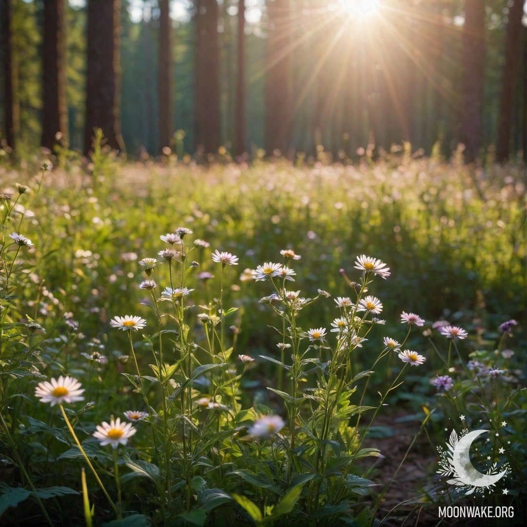Close-up of cozy field flowers against a blurred forest background with sunlight filtering through the trees.