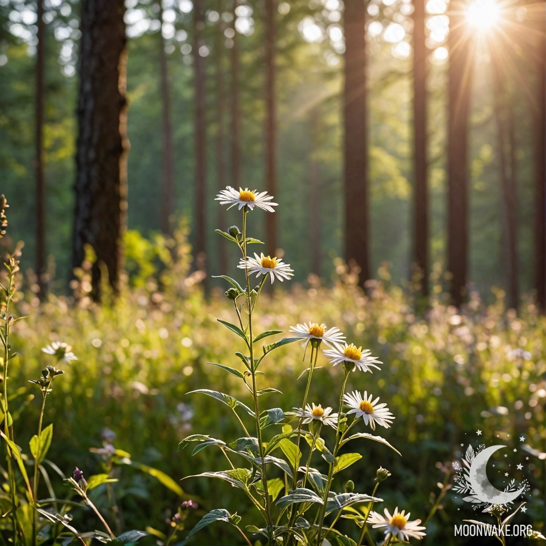 Close-up of colorful field flowers with a blurred forest background and sun rays penetrating through the trees.