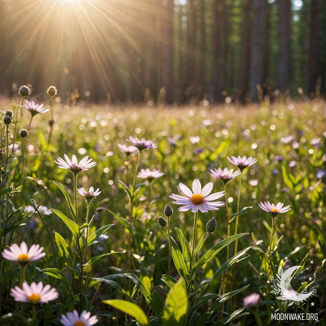 Cozy Field Flowers in Sunlit Forest Close-up of vibrant field flowers illuminated by sunlight in a bokeh forest background