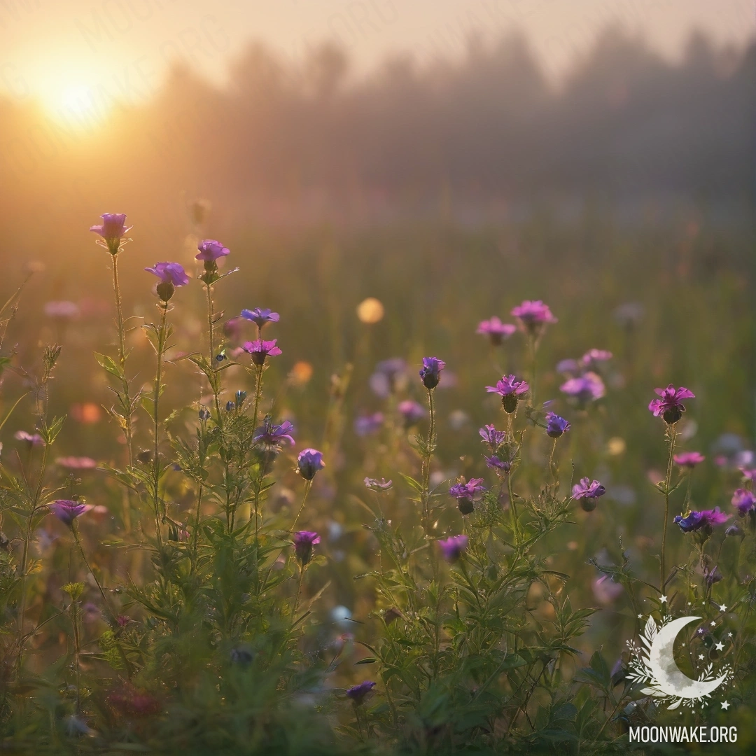 Cozy Field Flowers at Sunset Close-up of cozy field flowers against a foggy sunset background with soft bokeh.