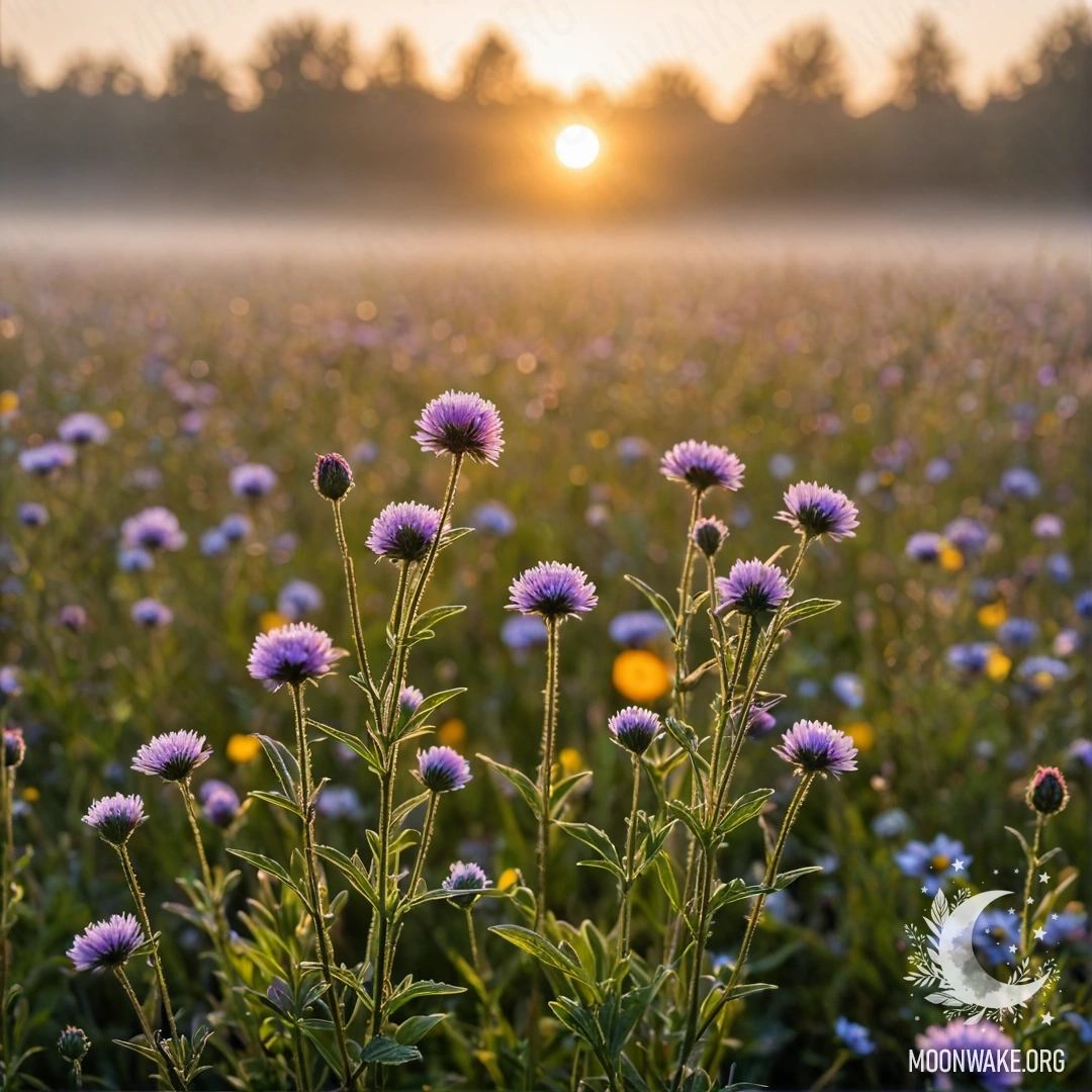 Cozy Field Flowers at Sunset Close-up of cozy field flowers with a blurred background of a foggy field at sunset, enhanced by lens flares.