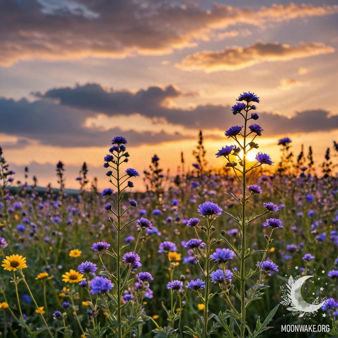 Close-up of field flowers against a bokeh sunset sky with clouds.