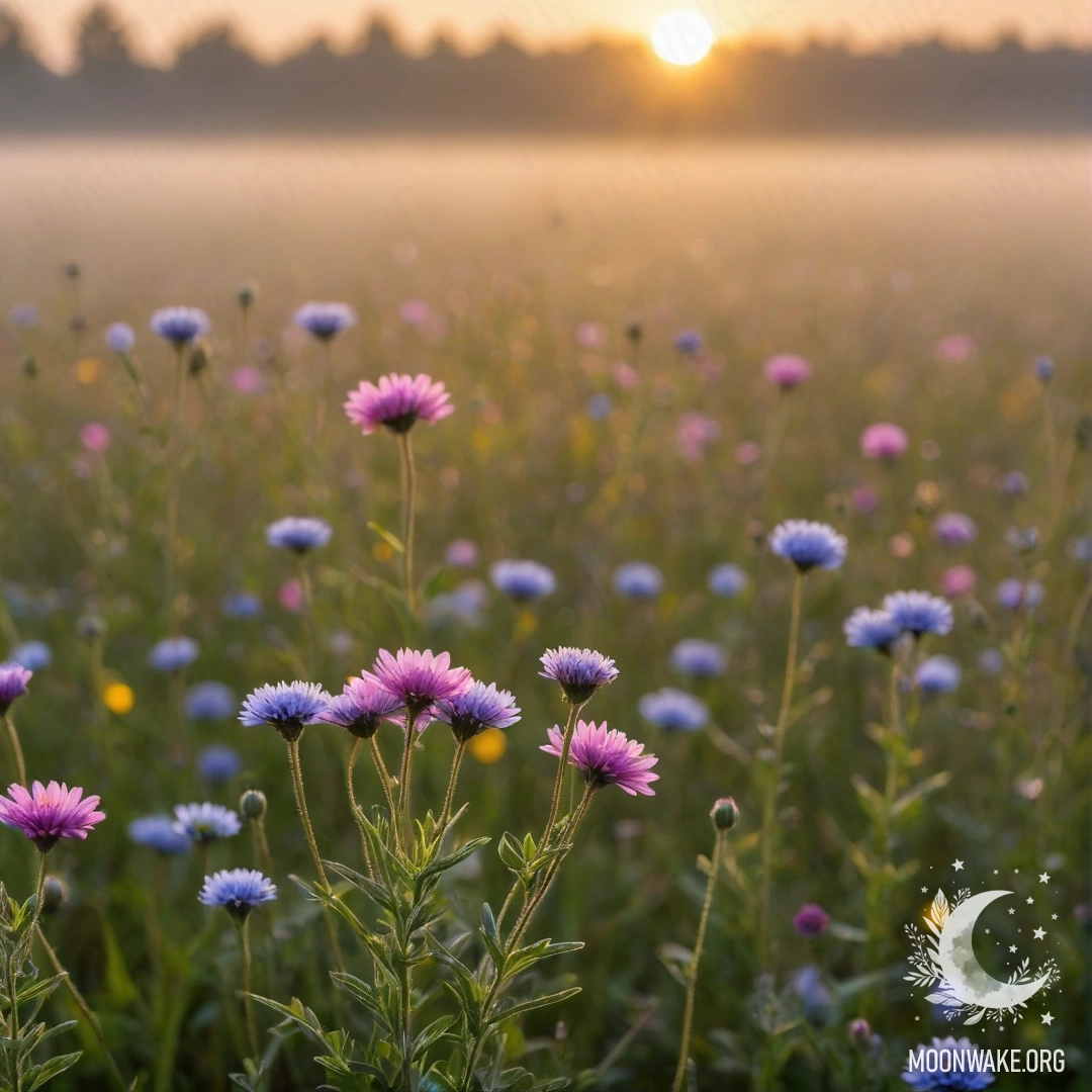 Close-up of vibrant field flowers against a dreamy bokeh background with sunset fog and sun rays