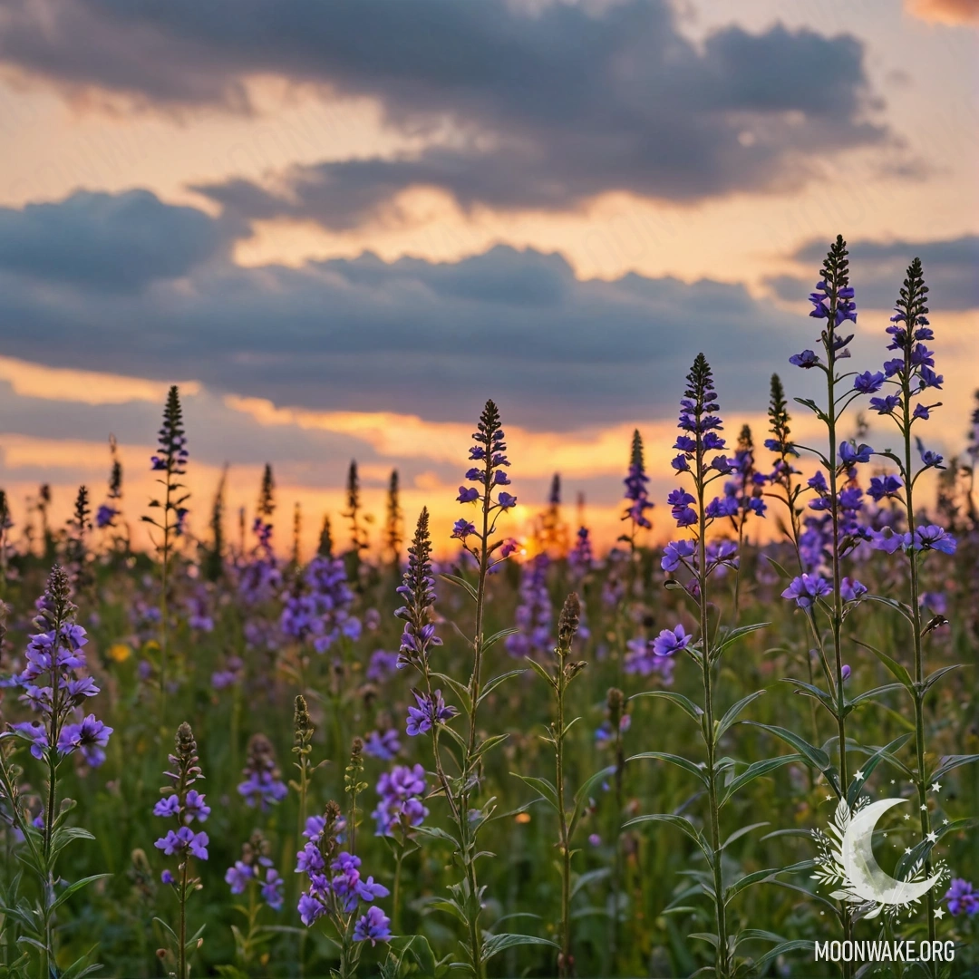 Cozy Field Flowers at Sunset Close-up of field flowers in a cozy setting against a bokeh sky with clouds during sunset.