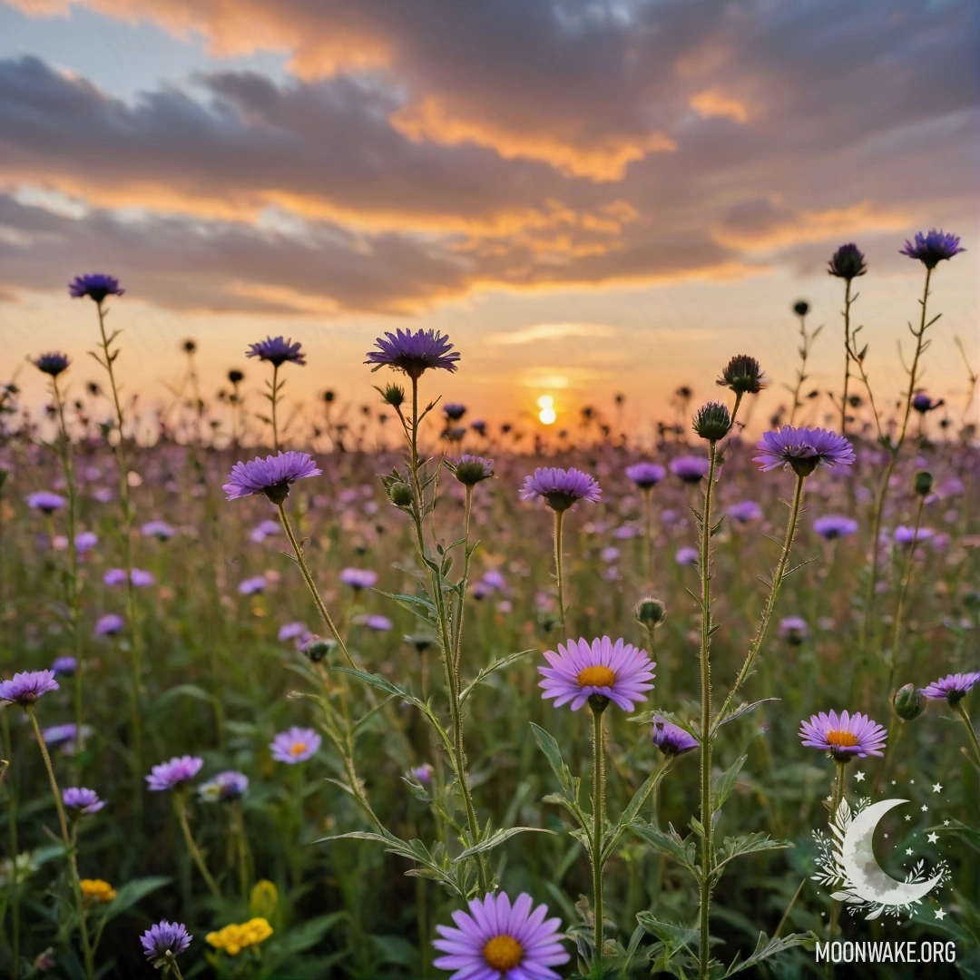Close-up of cozy field flowers in front of a bokeh sky during sunset.