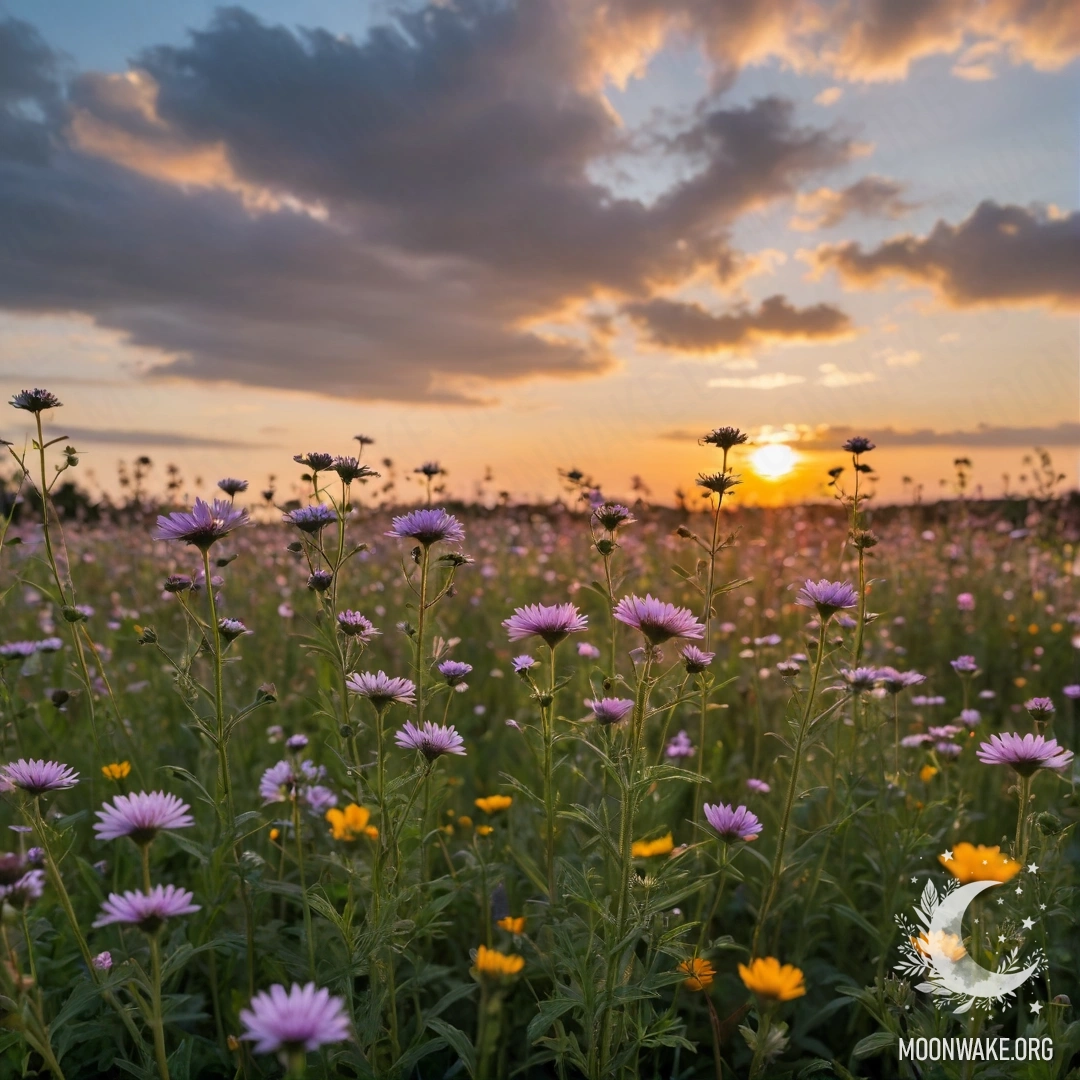 Cozy Field Flowers at Sunset Close-up of field flowers against a dreamy bokeh sky with clouds at sunset.