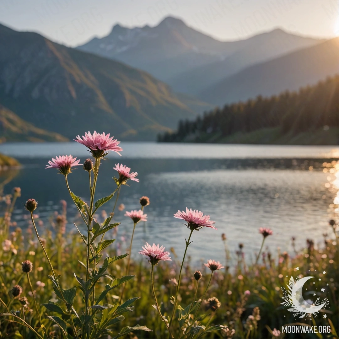 Close-up of colorful wildflowers against a blurred mountain lake at sunset.