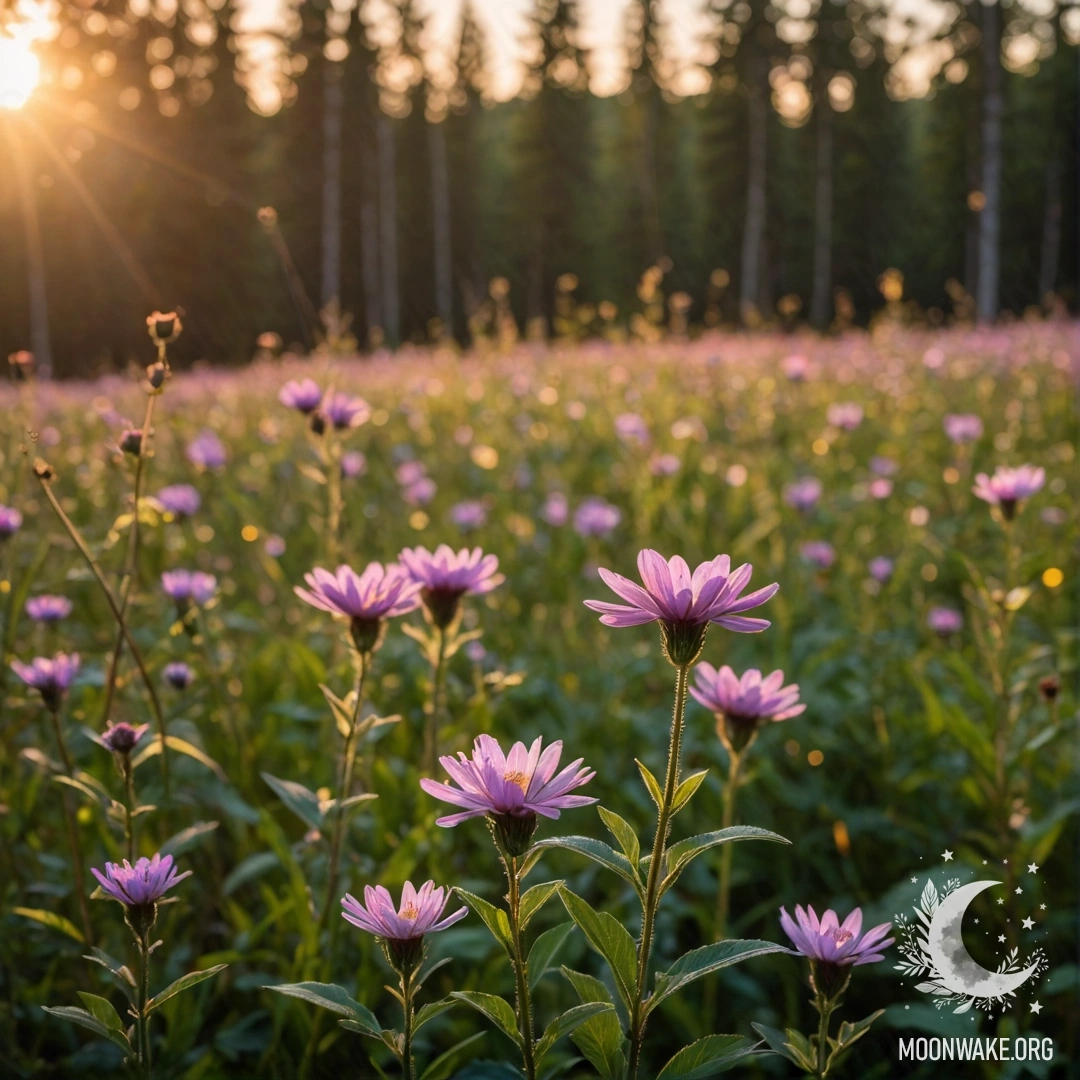 Close-up of cozy field flowers with blurred forest background at sunset.