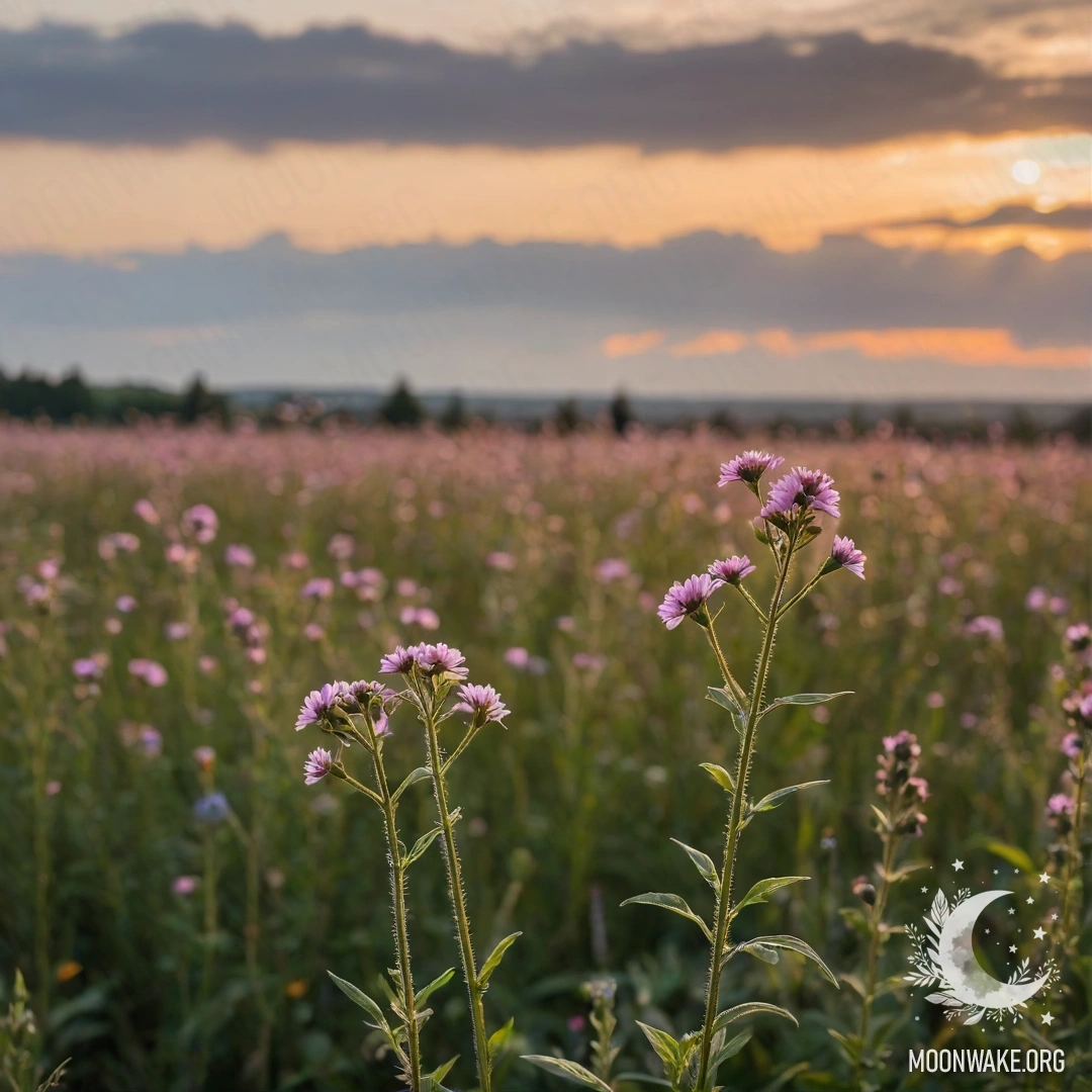 Close-up of vibrant field flowers against a bokeh sky at sunset.
