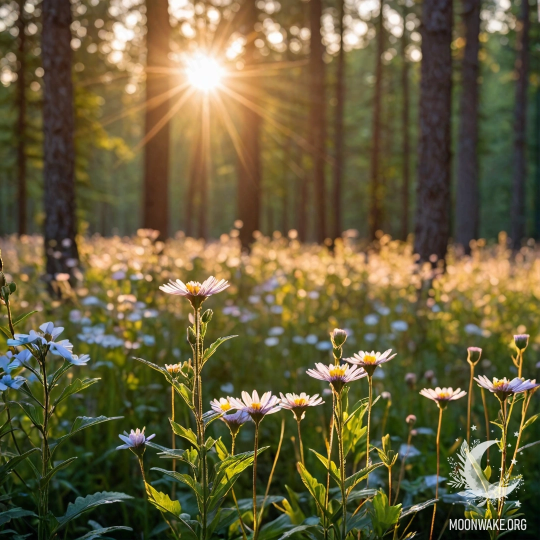 Cozy Field Flowers with Forest Bokeh at Sunset Close-up of colorful field flowers with a blurry forest background and sun rays at sunset.