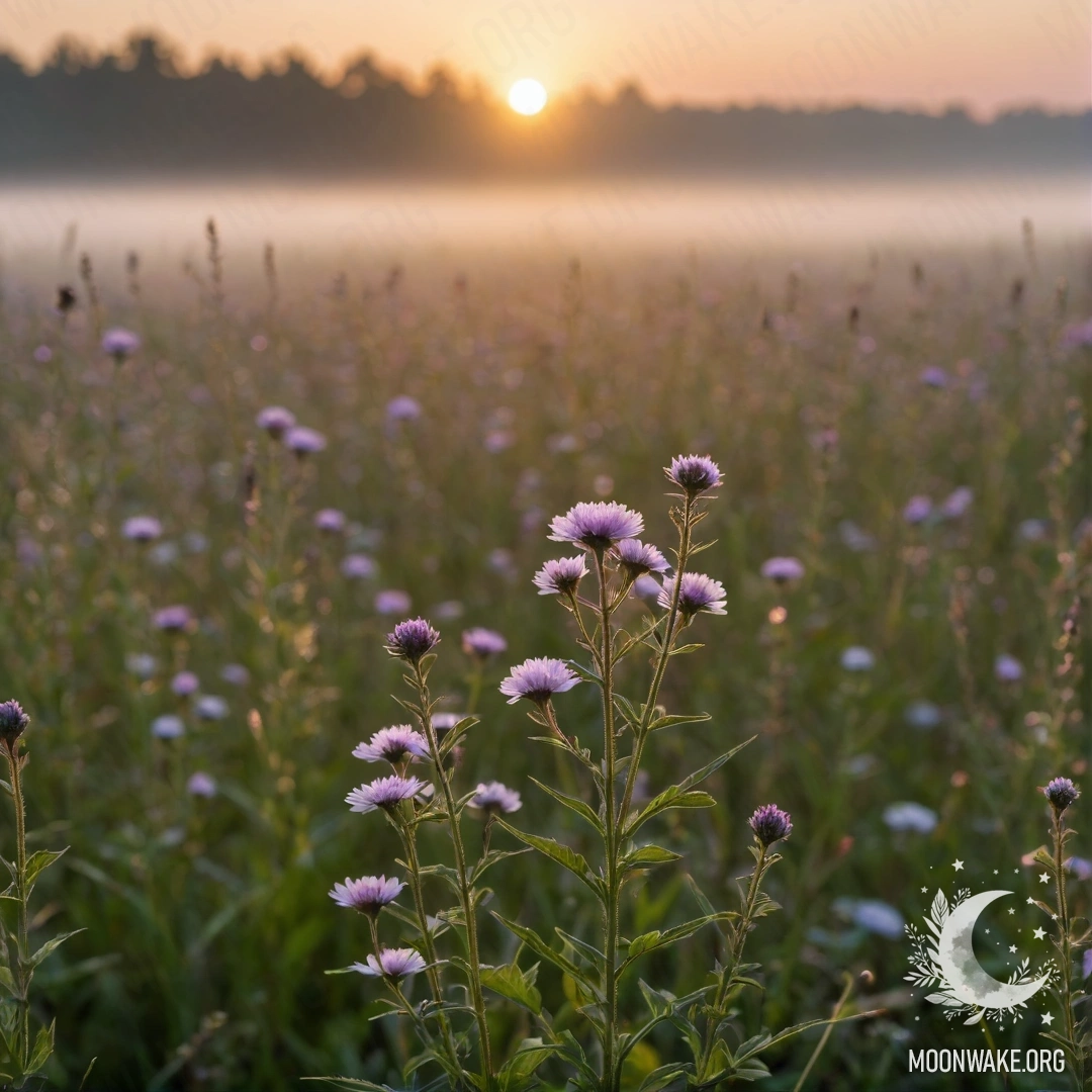 Cozy Field Flowers at Sunset Close-up of field flowers in a soft bokeh background during sunset with fog.