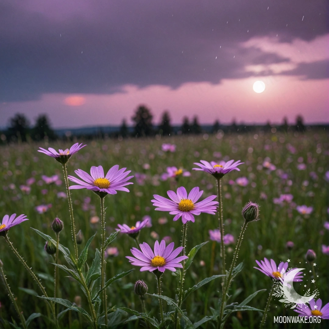 Close-up of colorful field flowers with a pink violet sky and moon