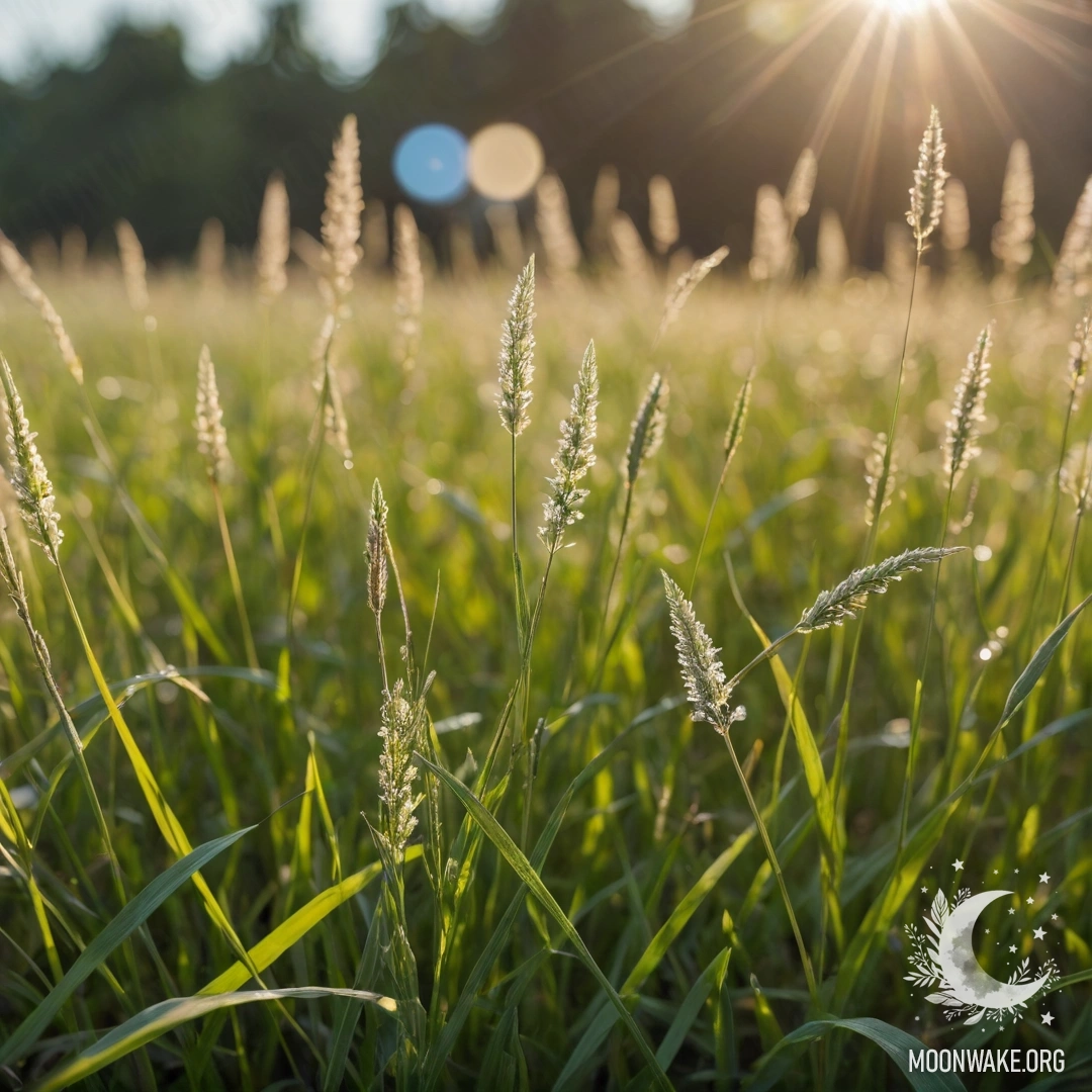 A close-up view of lush grass with blurry flowers and light flares.