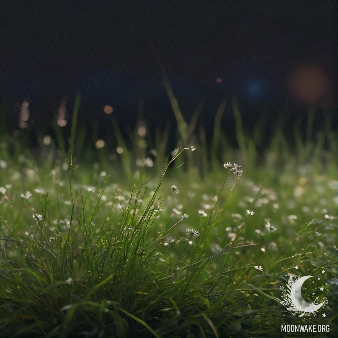 Close-up of grass in a cozy field with bokeh flowers at night.