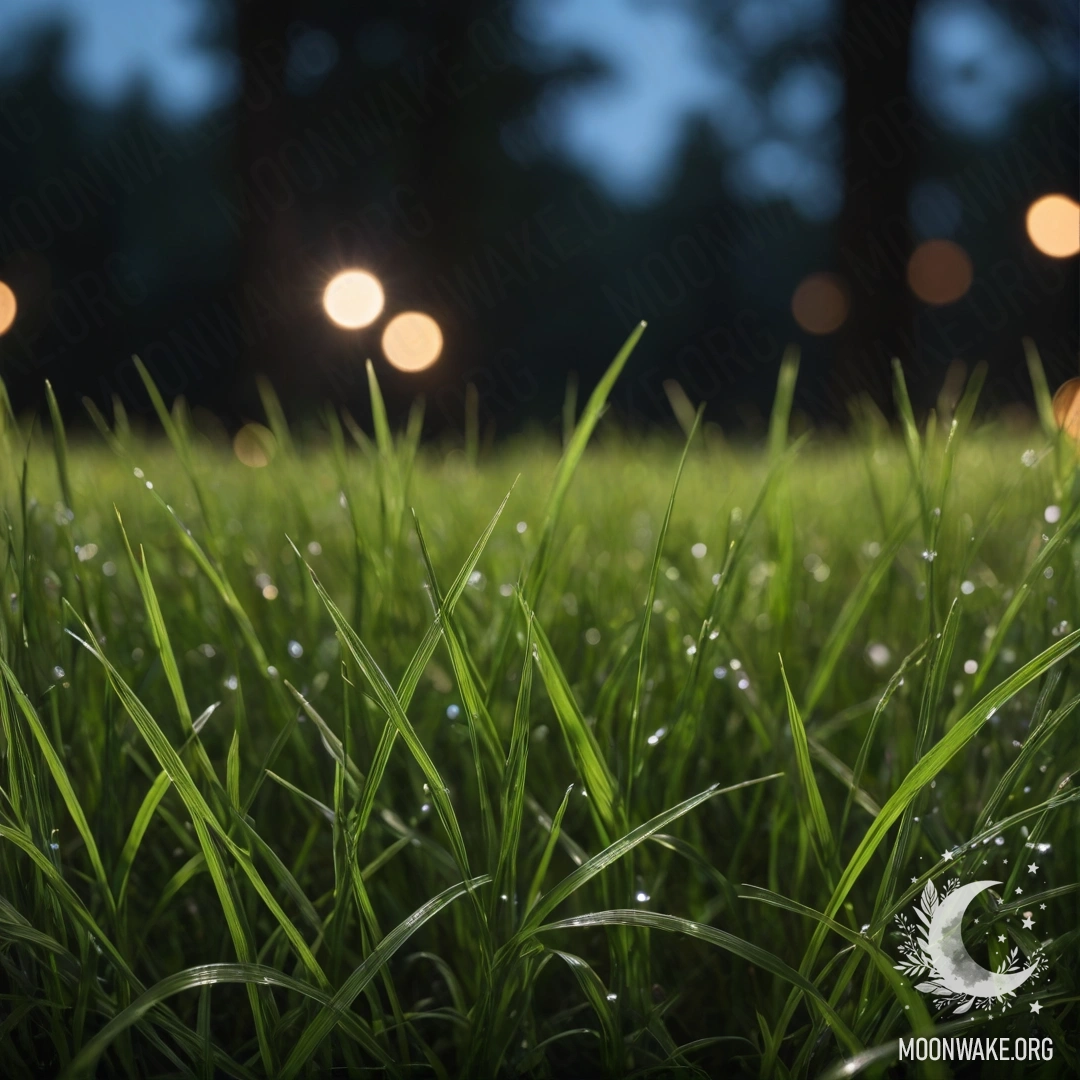 Close-up of grass in a cozy field, illuminated by bokeh lights in a forest backdrop at night.