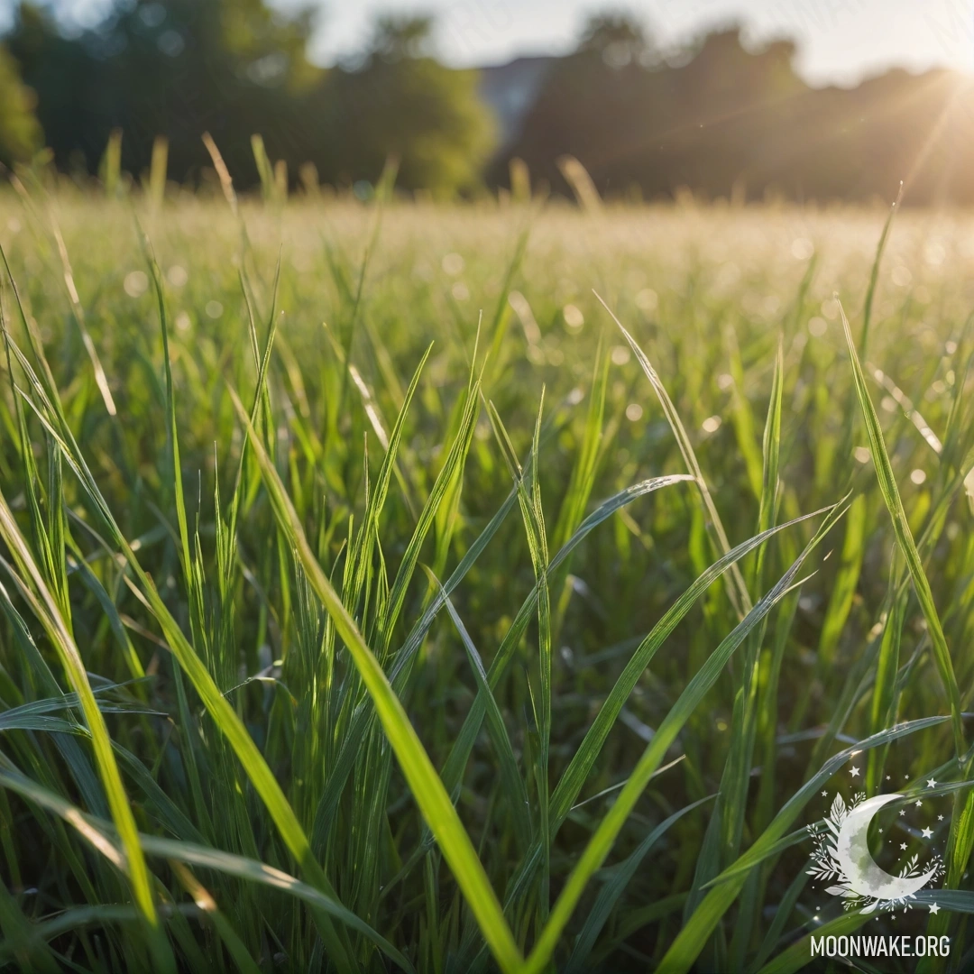 Close-up of grass in a sunny field with a blurred sky background.