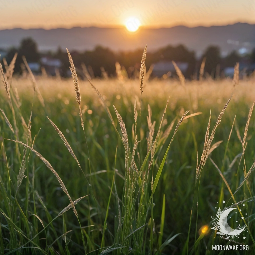 Close-up of grass in a cozy field against a bokeh sunset sky.