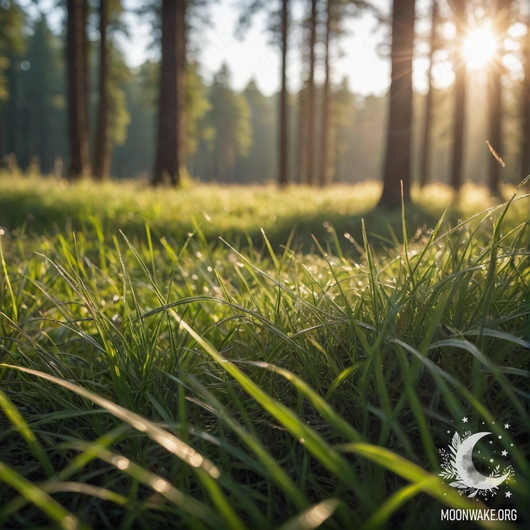 Cozy Field with Sunlit Grass Close-up of grass in a cozy field with sunlight filtering through trees.