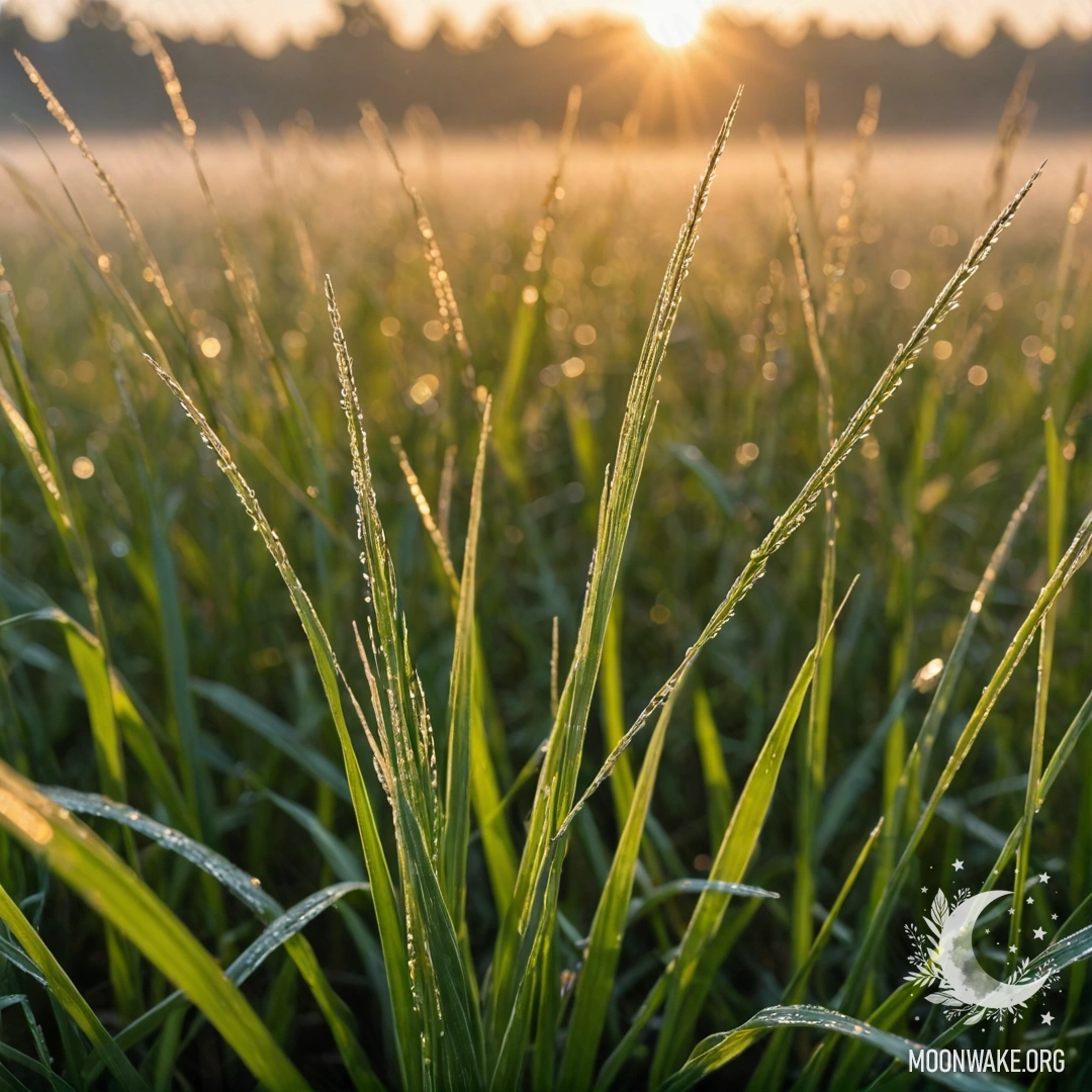 Close-up of grass in a foggy field during sunset, blurred background.