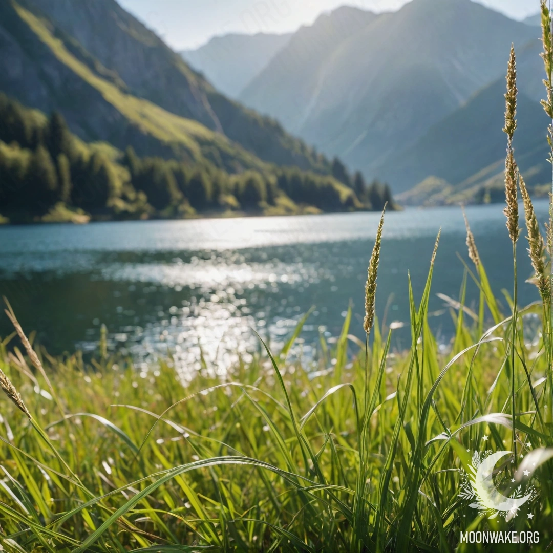 Close-up of a grassy field with a bokeh effect of a mountain lake in the background on a sunny day.