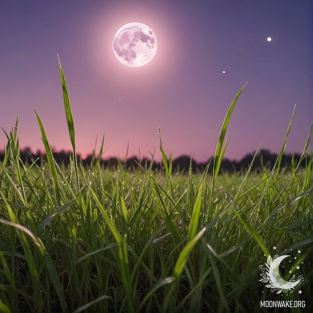 Close-up of grass in a cozy field with a pink violet sky and the moon.