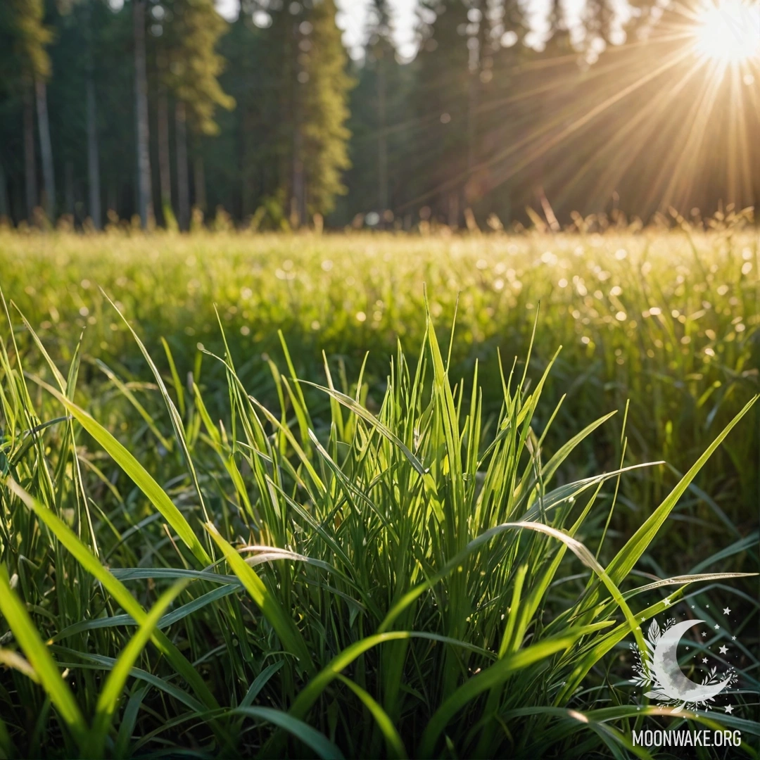 Close-up of grass in a cozy field with a blurred forest background and sun rays shining through.