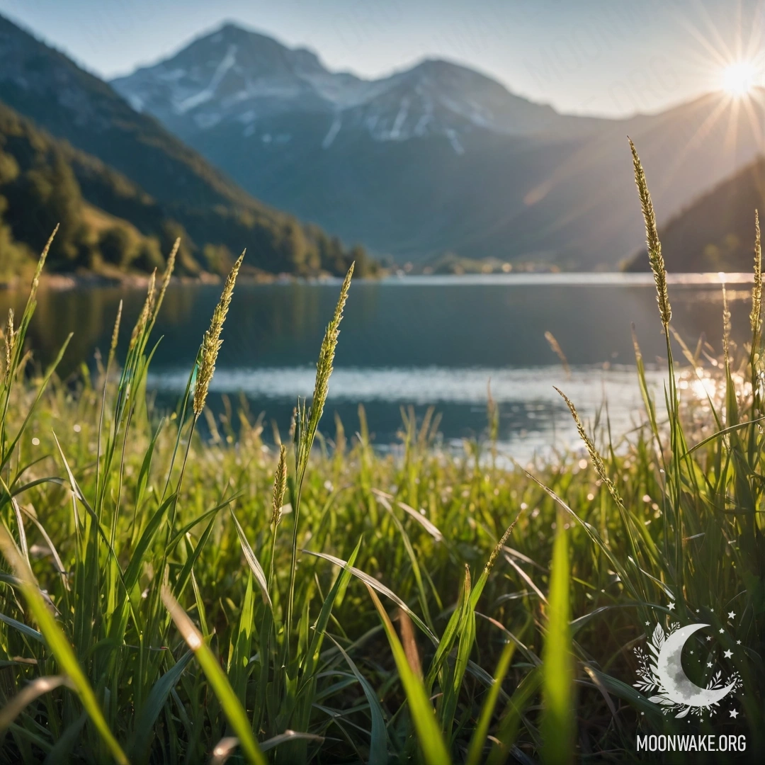 Close-up of grass in a cozy field against a blurred mountain lake