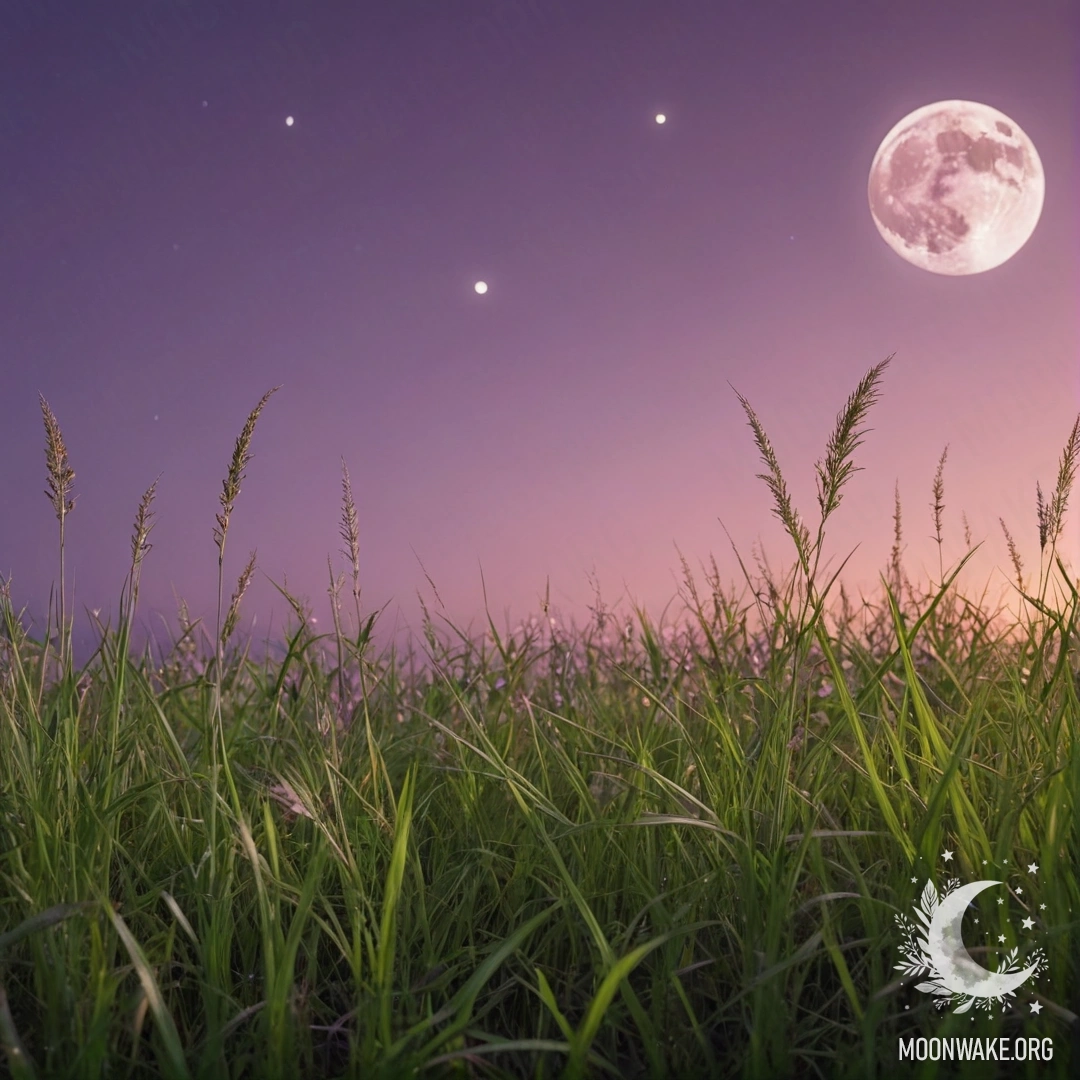 Close-up of grass in a cozy field against a pink violet sky with the moon.