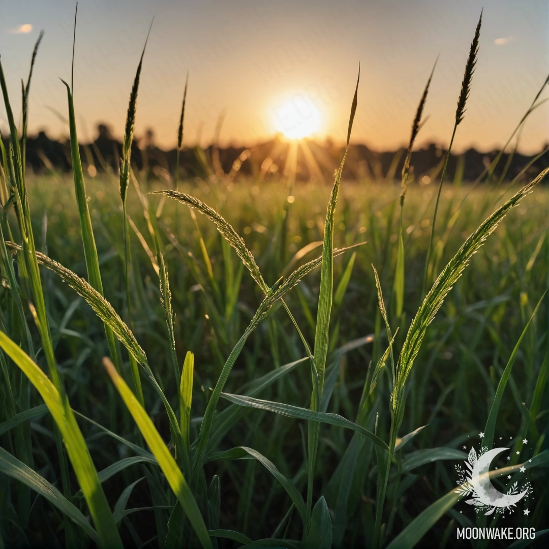 Close-up of grass in a cozy field against a bokeh sunset with lens flares.