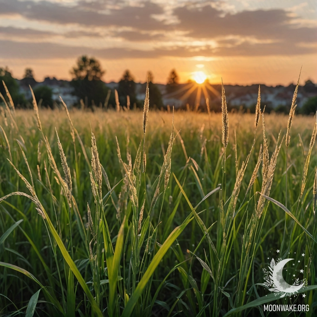 Cozy Sunset Field A close-up view of soft grass in a cozy field against a bokeh sky with fluffy clouds at sunset.