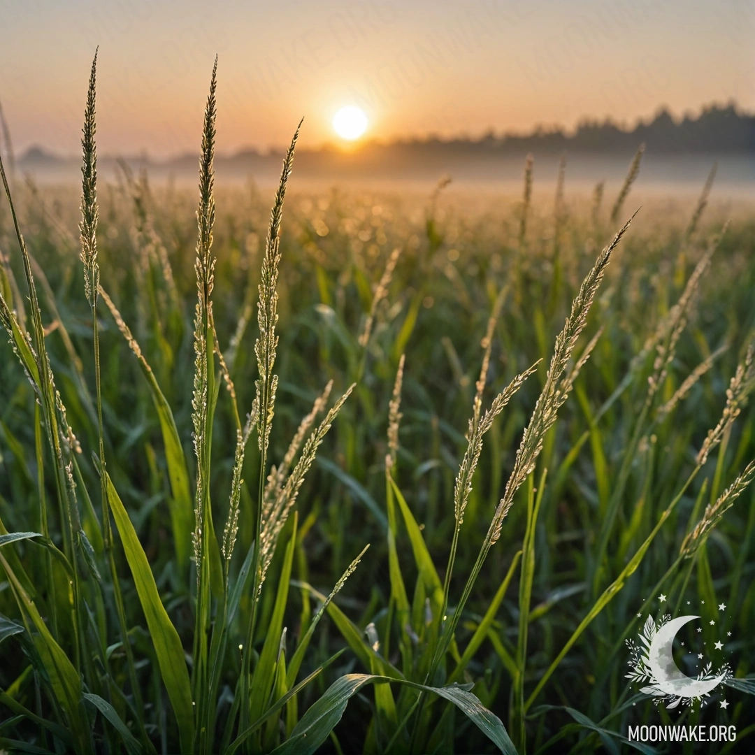 Cozy Field at Sunset Close-up of grass in a cozy field with bokeh effects and fog at sunset.