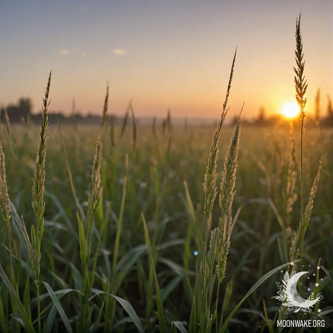 Cozy Field at Sunset Close-up of grass in a foggy field during sunset with bokeh effect.