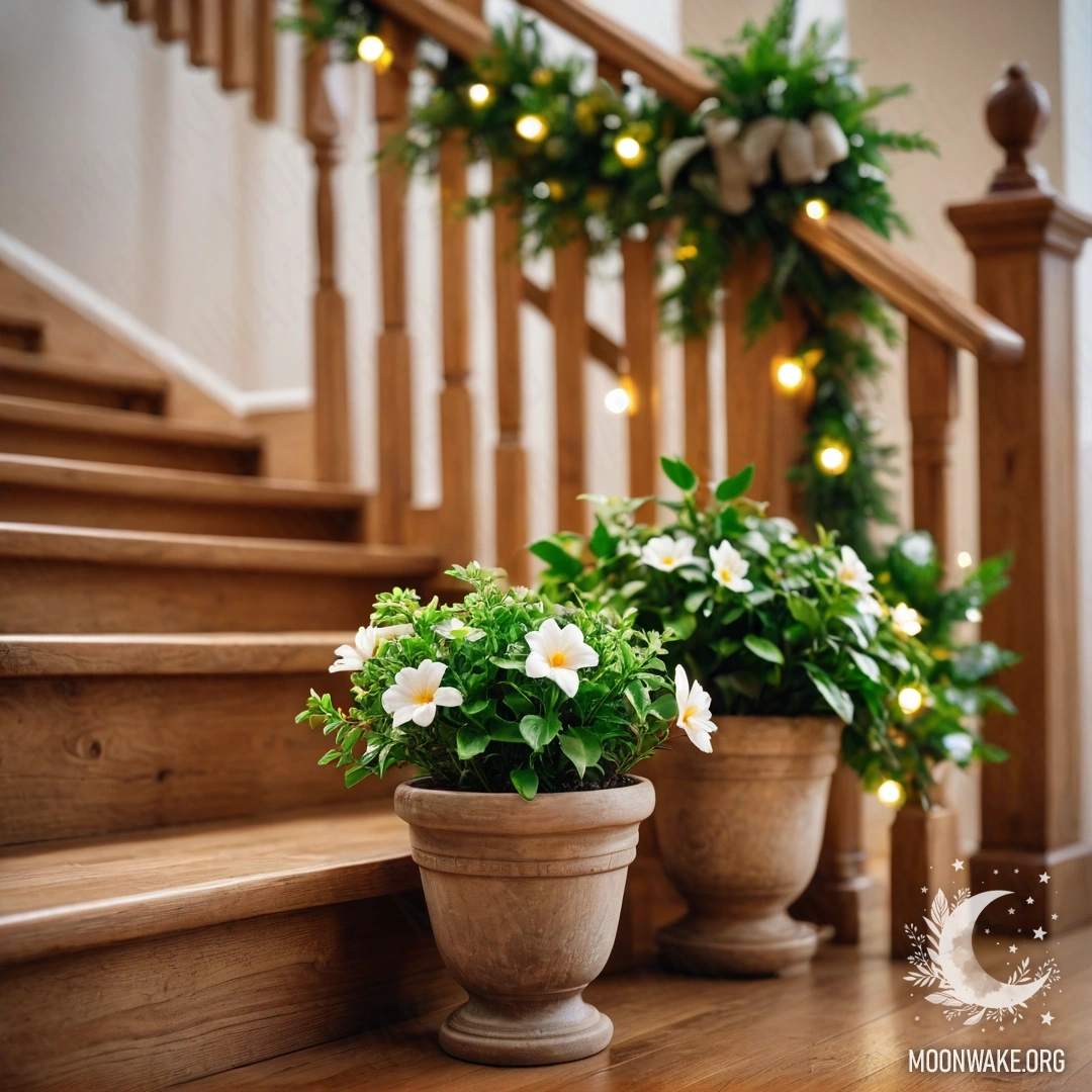 A wooden staircase adorned with flowerpots and twinkling garland lights.