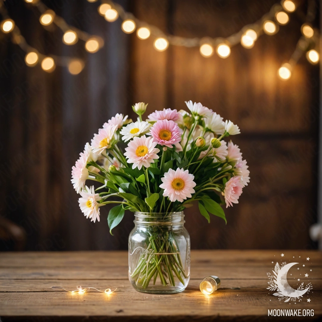 A rustic wooden table with a jar containing a bouquet of flowers and a soft bokeh of light garlands in the background.