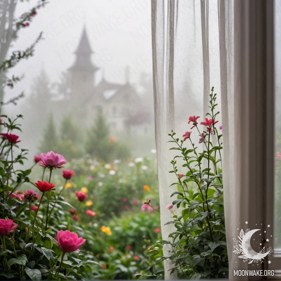 Close-up of a floral print curtain in front of a window, with a blurred blooming garden visible outside.