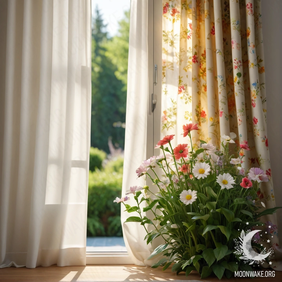 Close-up of a floral print curtain with a blooming garden in the background.