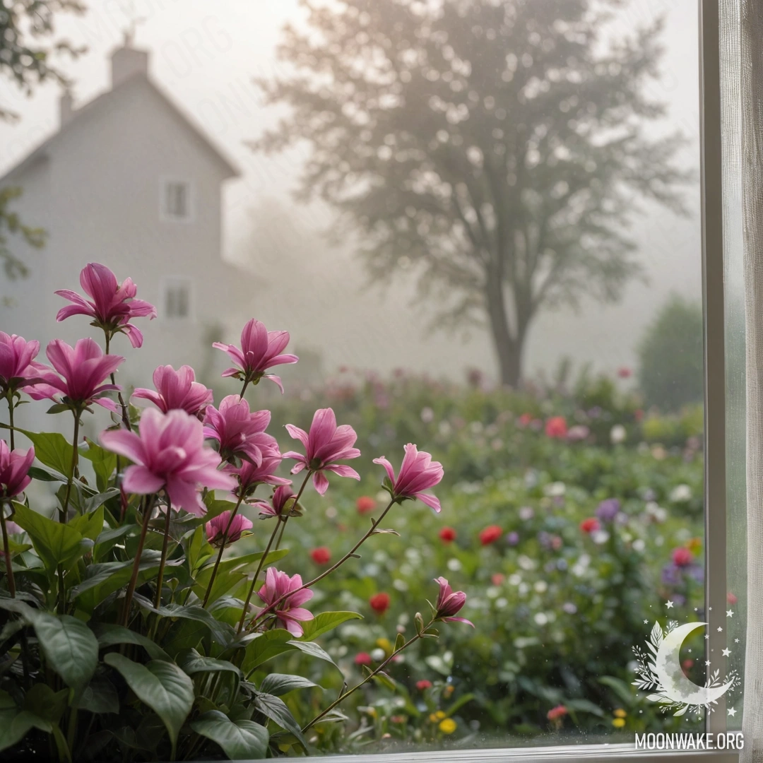 Close-up of a floral printed curtain with a window and garden in bokeh behind it.