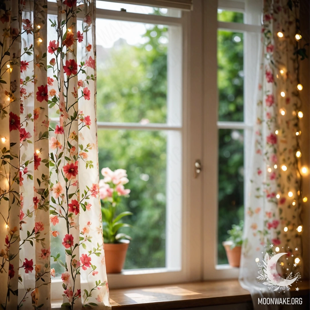Close-up of a floral print curtain with a window and a blooming garden in the background.