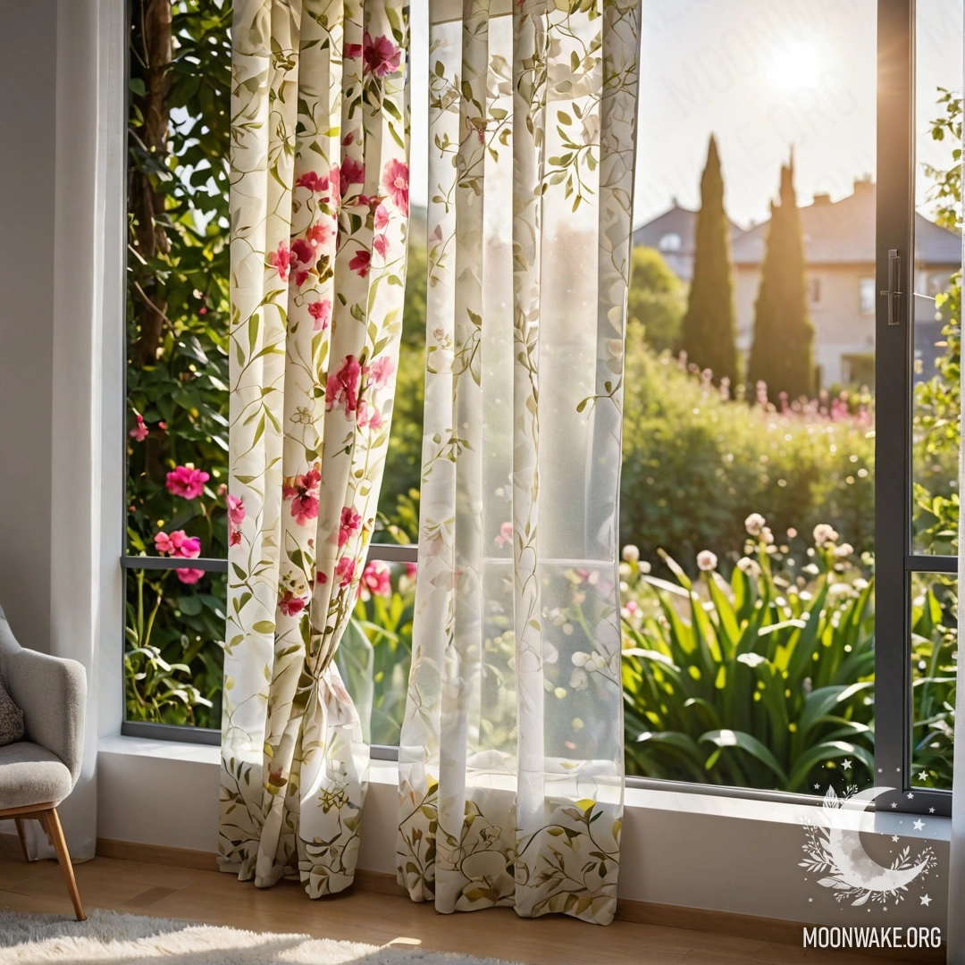 Cozy Floral Curtain with Garden View Close-up of a floral curtain with a window and a blooming garden in the background.
